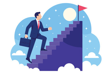 Fototapeta premium Businessman climbing stairs toward success with briefcase in hand, symbolizing achievement, determination, and motivation for reaching professional goals, Flat Vector Illustration