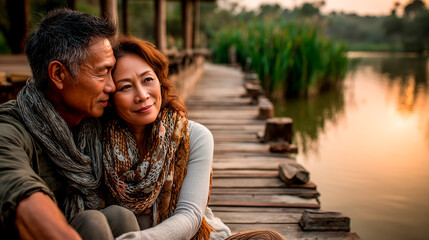 A middle-aged Asian couple sits closely on a wooden dock by a serene lake at sunset. They share an affectionate moment, wrapped in cozy scarves, enjoying each other's company.