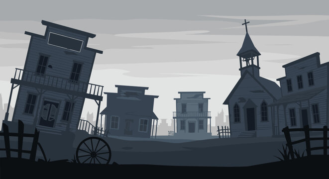 Spooky pixel art depiction of an old Western ghost town featuring dilapidated wooden buildings, a church, and a wagon wheel under a grey sky.