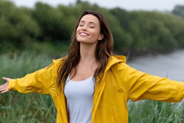 Happy woman embracing joyful freedom in the rain