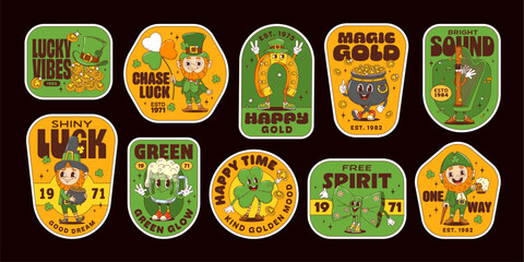 St Patrick Day groovy stickers, irish holiday hippie patches. Cartoon retro groovy leprechaun, green beer, lucky clover and horseshoe characters. Funny leprechaun gold pot, green beer, bowtie stickers