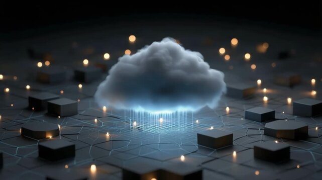 A graphic representation of a centralised data storage facility encircled by network nodes, signifying data management and cloud computing