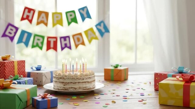 A vibrant and cheerful birthday celebration scene featuring a beautifully decorated cake with numerous lit candles taking center stage. The light-colored wooden table is adorned with a scattering of c