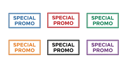 Six colorful special promo rectangular badges on transparent background