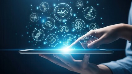 Digital health technology concept with hand touching tablet screen and medical icons.