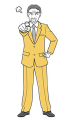 指をさして怒っているスーツの中年男性（シンプル）