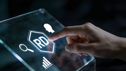 Hand interacting with transparent digital screen