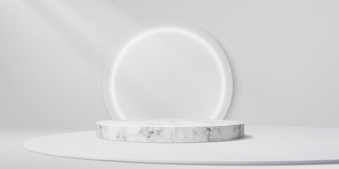 Naklejka premium White marble podium stage with round platform and LED light for product display, vector studio showroom. Podium with white marble stage and light circle for exhibition showcase or display background