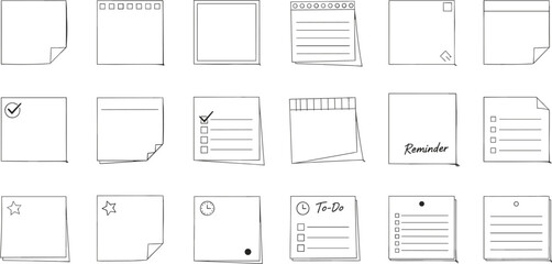 Hand Drawn Sticky Notes Set – Planner Pages, Checklist Icons, Doodle Reminder Notes and To-Do List Sketch Vector Collection