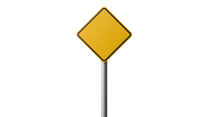 Blank yellow diamond road sign with metal pole isolated on transparent background