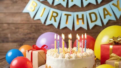 A vibrant and festive scene captures the essence of a joyous celebration, perfect for conveying happiness and milestones. At the center, a beautifully decorated cake with creamy frosting and nuts is a