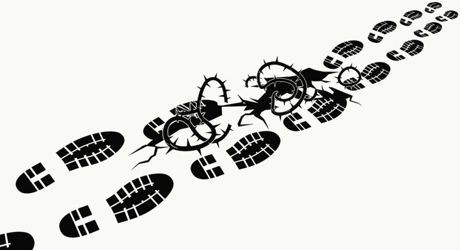 Abstract illustration depicting footprints walking away, with some steps cracking and transforming into thorny obstacles, symbolizing a difficult journey.