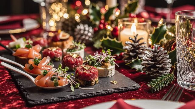 Elegant Festive Spread, Seasonal Appetizers Displayed Beautifully, Charming Holiday Presentation With Seafood And Herbs, Rustic Snack Tray With Candle And Crystal Glasses For Celebration.