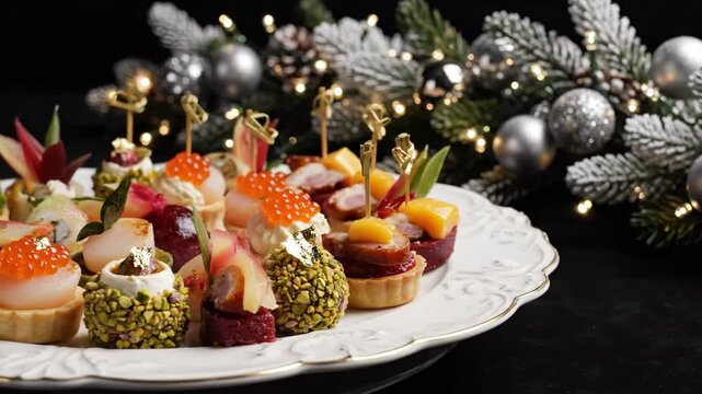 Luxurious Assortment Of Small Festive Bites Showcasing Ornate Toppings And Design, Elegant Seasonal Treats Featuring Meticulously Crafted Toppings And Decorative Accents For Celebrations.