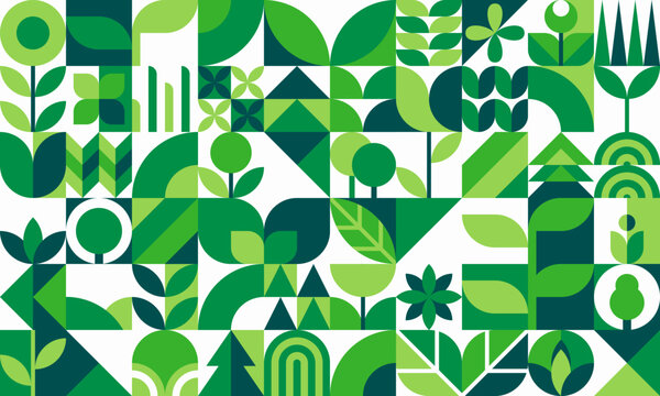 Ecology geometric pattern background. Vector environmental green abstract mosaic with natural shapes, patterns and elements of nature in shades of green symbolize sustainability and ecological harmony