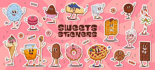 Stickers pack of retro groovy sweets and desserts characters. Psychedelic pastry food and candies vector personages of chocolate cake, ice cream and cookie. Cute groovy fruit pie, donut and waffle