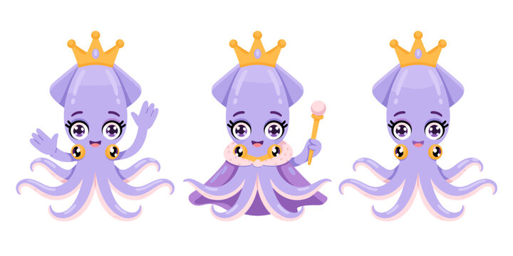 Adorable kawaii purple squid princess queen mascot illustration vector character set isolated on white background, happily smiling and waving with a majestic golden crown and royal scepter, charming m