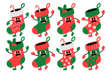 Eight adorable holiday Christmas stockings cartoon characters joyfully jumping and dancing, a vector illustration set in festive red and green colors with cute smiling faces, ideal for marketing promo