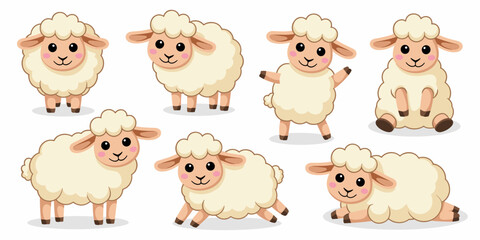 Obraz premium Adorable cartoon fluffy sheep and baby lambs posing together, a sweet vector illustration set displaying multiple poses like standing, sitting, running, or resting, isolated against a pure white backg