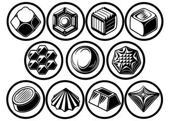 Black and white geometric chocolate and truffle icons set, round emblems