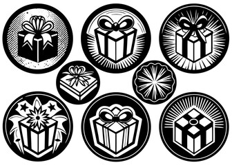 Black and white gift box emblems set, present icons, celebration badge