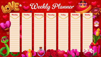 Weekly planner schedule with Valentine day flowers, love hearts and cute snake characters. Vector timetable, organizer frame template with cute reptiles, romantic items and gifts