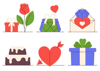 Flat design icons set for love, gifts, wedding, and Valentine's Day