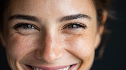 Woman smiling at camera, close-up of face, freckles, eyes, lips, teeth, nose, cheeks, joy, happiness, youth, confidence, makeup, natural, light, portrait.