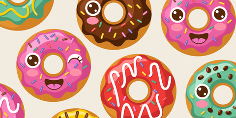 Adorable kawaii cartoon donuts and colorful sweet confectionery seamless pattern background vector illustration featuring happy smiling and winking dessert characters, ideal for fun children's adverti