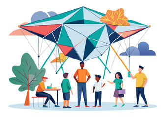 Diverse group collaborating on a big geometric abstract project outdoors