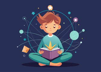 Boy reading magical book connected to stars, universe, and imagination