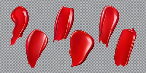 Realistic red lipstick or cosmetic swatch smears of lip color makeup, vector set. Lipstick swatch with glossy or matte cream texture, red paint smear or blob stroke smudge for lipstick or nail polish
