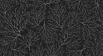 Intricate seamless pattern of white organic branching lines on a black background, resembling roots, veins, or coral structures.