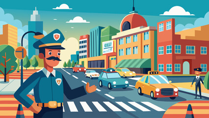 A man in a blue uniform stands at a crosswalk, directing traffic. The scene is set in a busy city with cars and a taxi driving by. The man is wearing a police hat and a tie