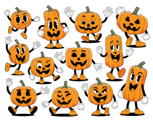 Cheerful retro cartoon pumpkins and expressive jack-o'-lantern characters waving and dancing in a fun, vintage rubber hose style, perfect for nostalgic Halloween party promotion and festive autumn mar