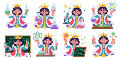 A joyful queen scientist character, dressed in royal robes and crown, actively engaged in chemistry and physics research, holding essential laboratory equipment like beakers, test tubes, microscopes,