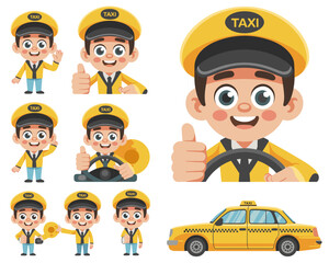 Friendly professional cartoon taxi driver character vector illustration giving a thumbs up, driving, and holding keys, showcasing excellent urban transportation service, reliable city cab commutes, pu