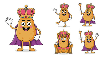 A cheerful royal potato king mascot cartoon character illustration set wearing a golden crown and purple flowing cape, showing various poses like waving, sitting on a throne, and holding a scepter, is