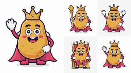 Adorable potato king royal character mascot illustration collection bundle, wearing a golden crown and majestic red cape, posing with a scepter, standing, and sitting on a regal throne, smiling happil