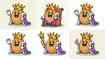 Cute potato king mascot cartoon character vector illustration set showing different actions like sitting on a majestic throne, waving a friendly greeting, holding a golden scepter, and giving a positi