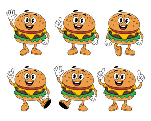 Six cheerful retro cartoon hamburger characters posing together, featuring funny mascots with happy faces, waving, walking, and giving thumbs up gestures, perfect vector illustration bundle for fast f