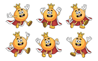 Cheerful anthropomorphic cartoon onion mascot character set wearing a regal golden king crown and red royal cape, dynamically running and posing vector illustration collection ideal for food branding,