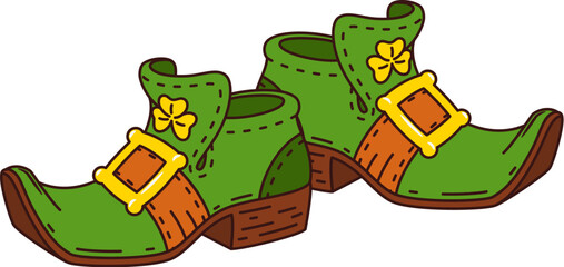 Cartoon St Patrick day groovy leprechaun boots, holiday retro footwear. Isolated vector pair of green pointed nosed Irish shoes with golden buckles and trefoils, embodying magical spirit of Ireland