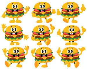 A vibrant set of nine cute retro cartoon hamburger characters and funny food mascots showcasing dynamic poses, running, waving, and giving thumbs up gestures, ideal for cheerful advertising, fast food