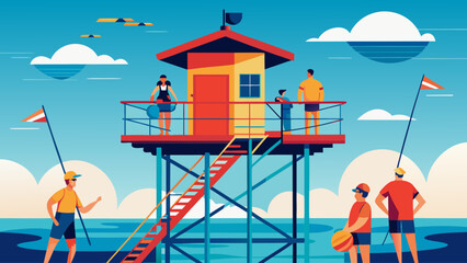 A group of people are standing on a lifeguard tower overlooking the ocean. The scene is set in a sunny day with a clear blue sky. The people are wearing swimsuits