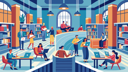 A group of people are sitting in a library, some with laptops open. Scene is one of productivity and collaboration