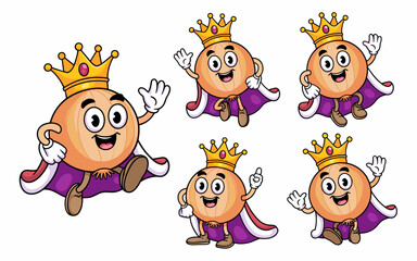 Funny cartoon onion king mascot character set posing dynamically in five separate cheerful royalty stances; isolated vector illustration featuring a regal vegetable with golden crown and purple cape f