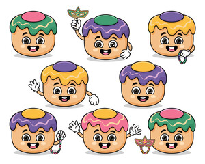 Adorable King Cake mascot characters set, featuring nine smiling pastries in purple, green, and gold Mardi Gras icing, holding carnival masks and colorful beads; isolated vector illustration ideal for