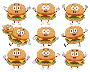A collection of nine cute cartoon cheeseburger characters, happy and smiling fast food mascots posing with various joyful actions including waving, running, and giving thumbs up, a vibrant vector illu