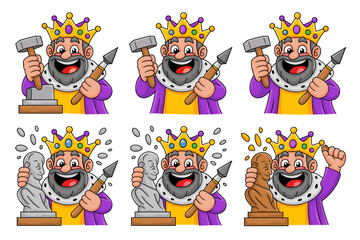 Expert royal sculptor king demonstrating the stages of artistic mastery and creative transformation process, carving a perfect bust sculpture from rough stone, conceptual illustration for business dev